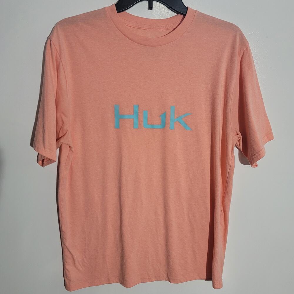 Huk Men's Short Sleeve T-Shirt Salmon Coral Size Medium "Huk" Logo Graphic Tee